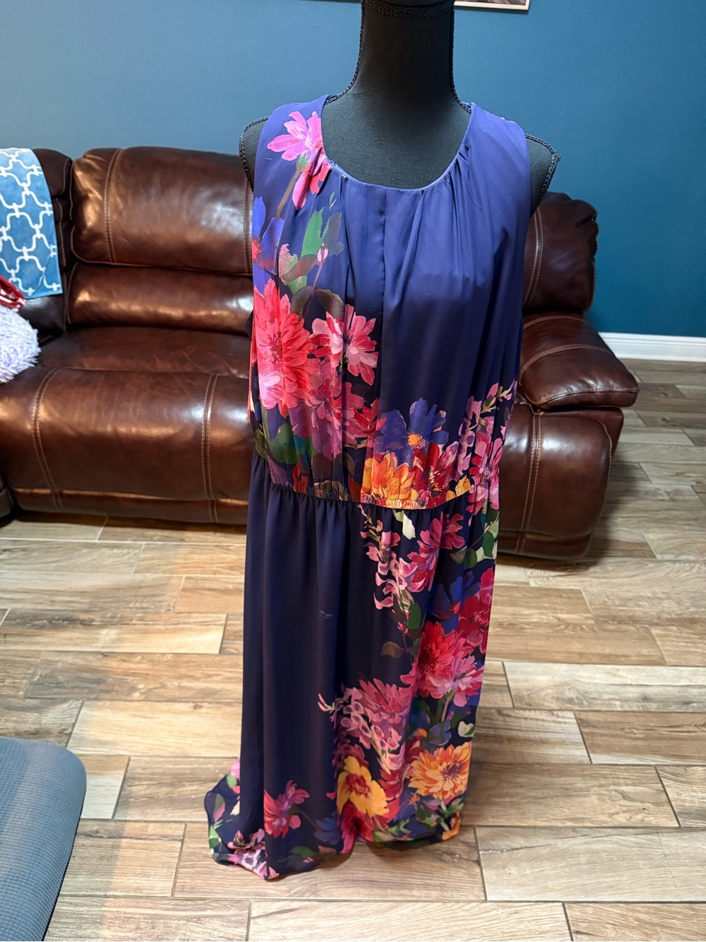 London Times Navy Floral Maxi Dress with Pink & Yellow Blooms